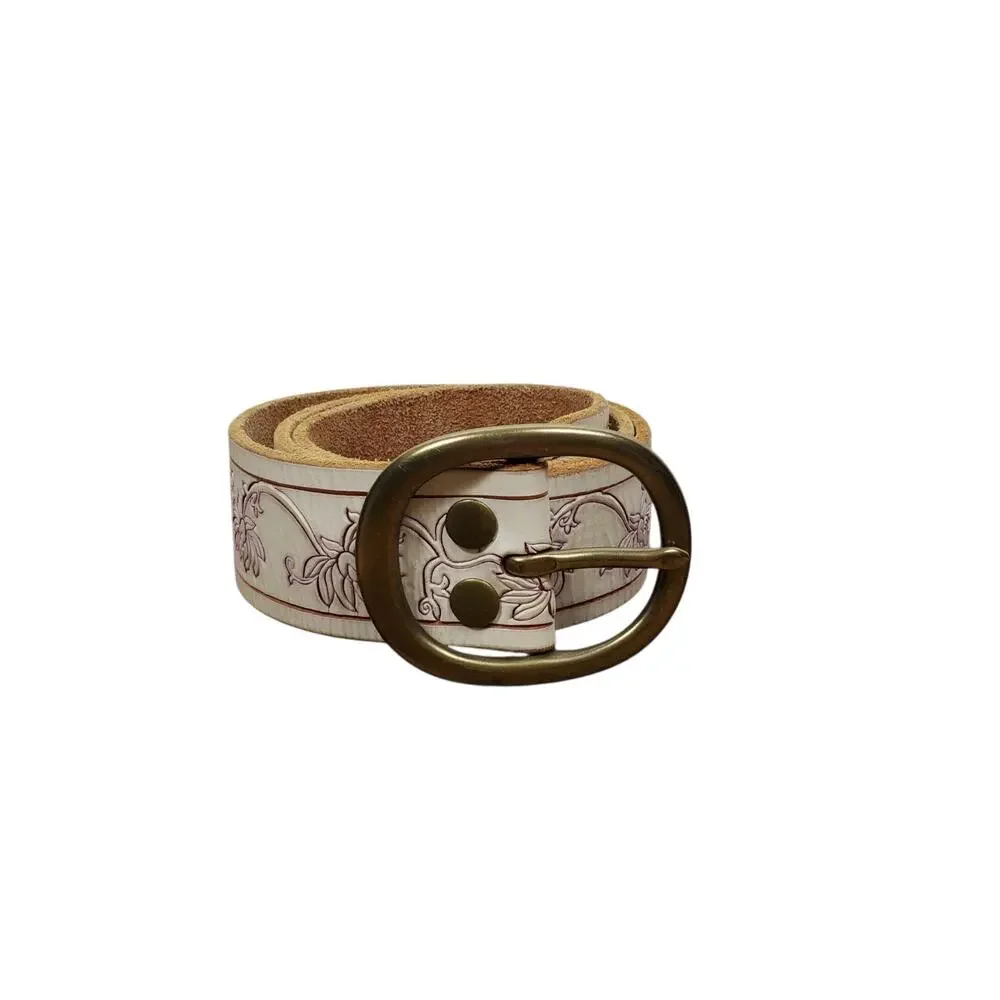 Lucky Brand Chimaera Scored Leather Belt Womens 30 White Brass Buckle Floral